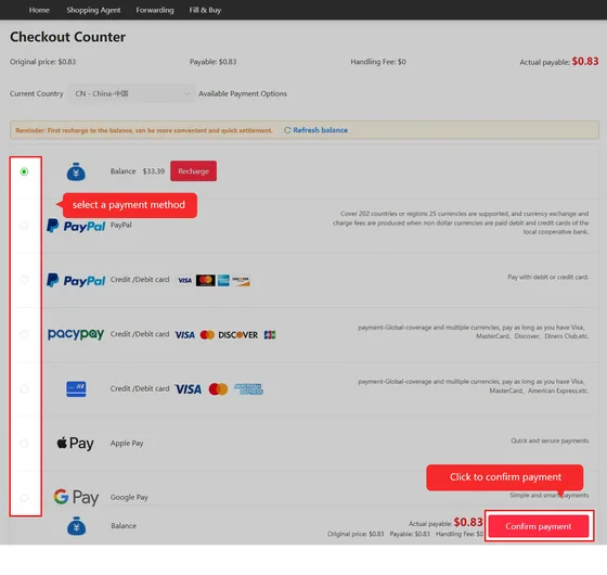 Checkout counter from the official tutorial with Balance payment, Alipay, Paypal and WeChat options