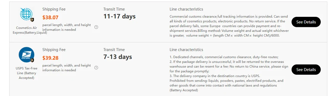Two estimator result rows for the US at 1000 grams: Cosmetics Air Express at $38.07 in 11 to 17 days and USPS Tax-Free Line at $39.28 in 7 to 13 days, each with line characteristics