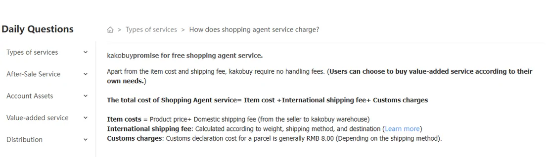 Official help article on shopping agent charges, stating the service is free apart from item cost, shipping and customs charges