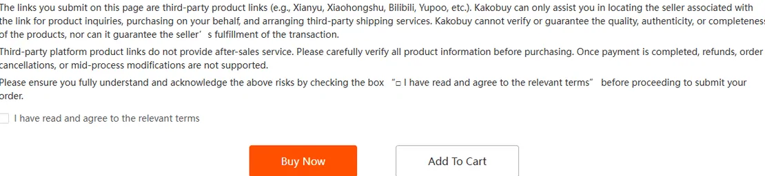 Fill and Buy form terms stating third-party links are not verified, with no after-sales service and no cancellation after payment