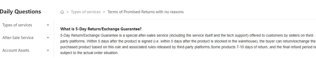 Help-centre breadcrumb Types of services, Terms of Promised Returns with no reasons, above the paragraph defining the 5-Day Return/Exchange Guarantee as starting when the product is stocked in the warehouse