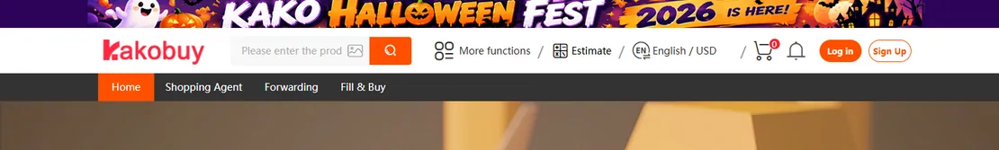 Official site header with the product-link search field, More functions, Estimate and English / USD switcher, under a Halloween Fest banner