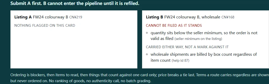 Decision helper output panel listing blockers and cautions for listings A and B, with a submit-first line at the top