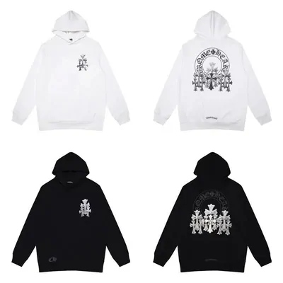 Front and back of two cross-motif hoodies, one white and one black