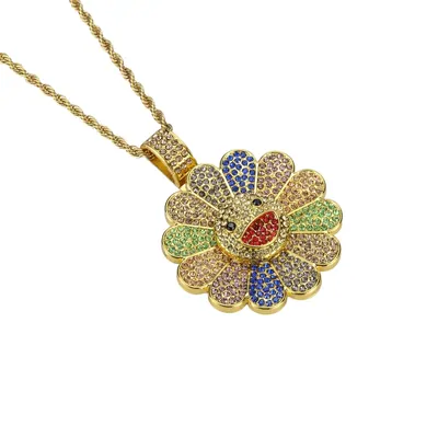 Pendant necklace shaped as a stone-set rainbow flower on a gold chain