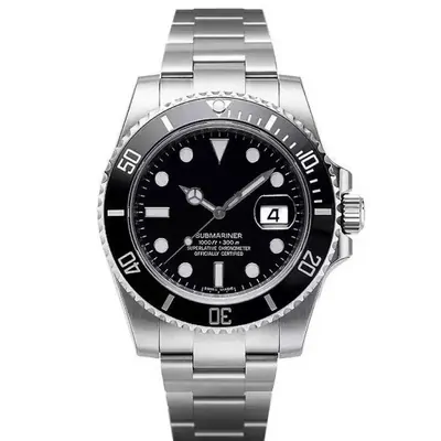 Steel dive watch with a black dial and date window at three