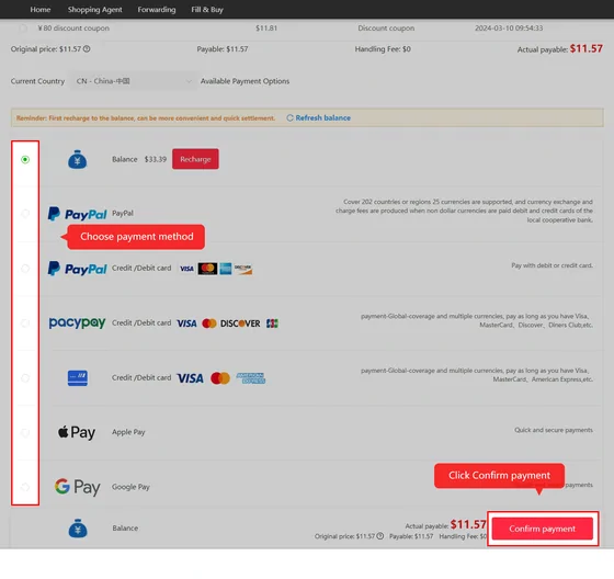 Parcel checkout with a payment-method chooser: balance, PayPal, card rails, Apple Pay and Google Pay, with a discount coupon row