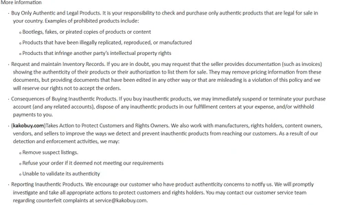 More-information section of the anti-counterfeiting policy, listing enforcement actions such as remove suspect listings and refuse your order