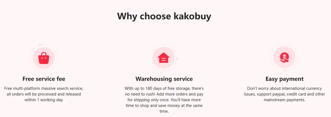 Why choose kakobuy tile row from the promo page: Free service fee, a Warehousing service tile promising a 180-day storage window, and Easy payment