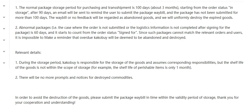 Help article text setting a 100-day storage period from the in-storage status, a 90-day reminder email, and 60 days for abnormal packages