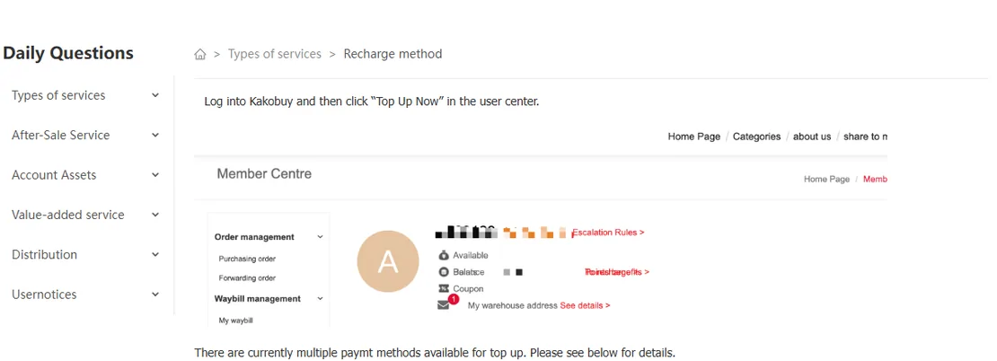Recharge method help article with the member centre screenshot, reached from the Types of services menu