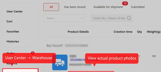 Official warehouse page with status tabs and the View actual product photos action