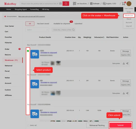 User-centre warehouse list with tutorial callouts for selecting stocked products and pressing submit